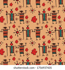 Seamless vector illustration pattern of 2 well dress tribal style people shape with spear in hand with sun and flowers on natural brown background for making many kinds of printing or textile graphic