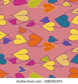 Seamless vector illustration pattern of colorful doodle hearts leaves in pink tones. The design is perfect for textiles, sheets, backgrounds, decorations, packages, surfaces.