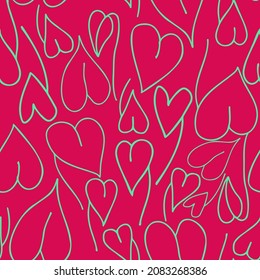 Seamless vector illustration pattern of colorful doodle hearts leaves in pink tones. The design is perfect for textiles, sheets, backgrounds, decorations, packages, surfaces.