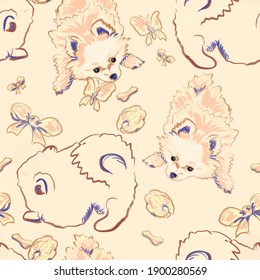 Seamless vector illustration pattern with cute puppies on a pastel background. Textile composition, hand drawn style print
