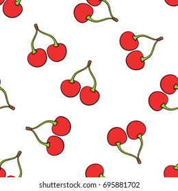 Seamless vector illustration. Pattern with falling twin red cherries with a stem on white background. Healthy vegetarian food with berry fruits. Drawing with contour