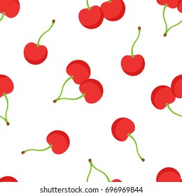 Seamless vector illustration. Pattern with falling twin and one red cherries with a stem on white background. Healthy vegetarian food with berry fruits
