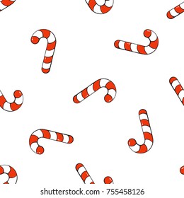 Seamless vector illustration. Pattern with falling candy canes on white background. Santa's stripes cane. Sweet holiday food. Tradition New Year dessert. Drawing with contour