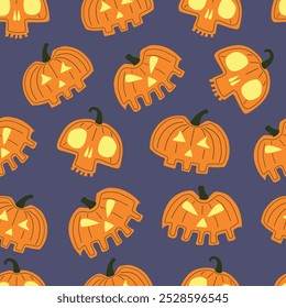 Padrão de ilustração de vetor sem emenda com jack-o'-lanternas estilizadas com desenhos de crânio em um fundo escuro. Perfeito para decorações de Halloween, desenhos assustadores ou arte digital sazonal.