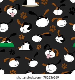 Seamless Vector Illustration pattern of funny dog faces and dog paw tracks on dark background