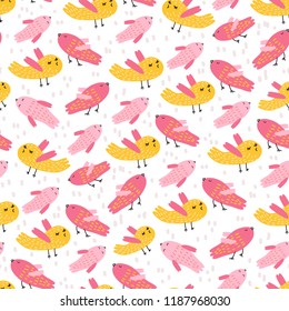 Seamless vector illustration pattern of graphic drawing cute pink and yellow birds on white background. Beautiful backdrop for fabric, textile, paper, wallpaper, wrapping, greeting card.Doodle element