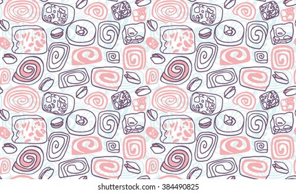 Seamless vector illustration pattern with hand drawn turkish delights set and pistachios on turquoise background. Wrapping paper, scrapbooking, gift wrap, cards and other designs.