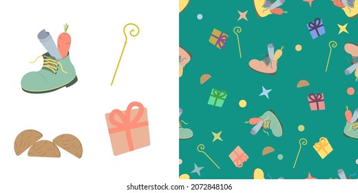 Seamless vector illustration pattern and set with children's boot with carrot and letter for St. Nicholas for holiday day wrapping paper concept. Dutch holiday Sinterklaas green background.