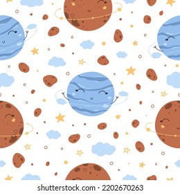 Seamless vector illustration pattern with space doodles of planets and asteroids