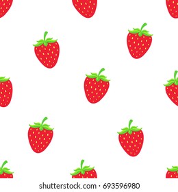 Seamless vector illustration. Pattern with sweet red strawberry with a stem on white background. Healthy vegetarian food