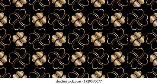 Patrón de ilustración vectorial sin inconvenientes. Imágenes de trébol de corazón dorado enlosado. Formas de shamrock de cobre sobre patrones de fondo negro. Patrón gráfico para tela, textil, papel pintado, embalaje, joyería.