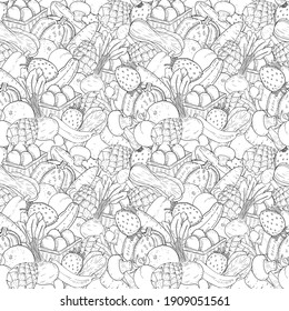 seamless vector illustration pattern of various vegetable stack tight together line art in retro vintage style