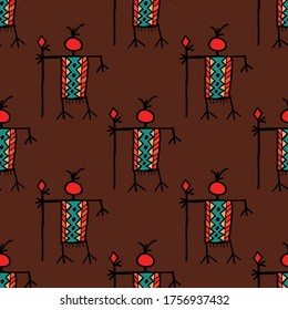 Seamless vector illustration pattern of well dress tribal style people shape with spear in hand on natural brown background for making many kinds of printing or textile graphic
