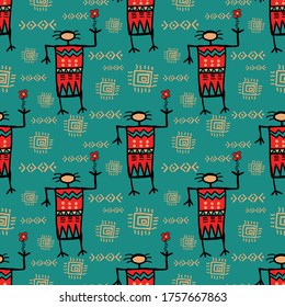 Seamless vector illustration pattern of well dress tribal style people shape with flower in hand with maya style graphic on natural blue background for making many kinds of printing or textile graphic