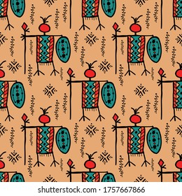 Seamless vector illustration pattern of well dress tribal warrior with spear and shield in hand with maya style graphic on natural brown background for making many kinds of printing or textile graphic