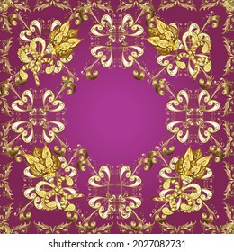 Seamless. Vector illustration. Patterned with a border frame. Illustration on yellow, purple and brown colors. Colorful oriental mosaic with a classic traditional flower motif and geometric ornament.