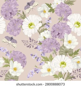Seamless vector illustration of pelargonium, lavender, chrysanthemum, and moths. Perfect for decorating textiles and packaging.