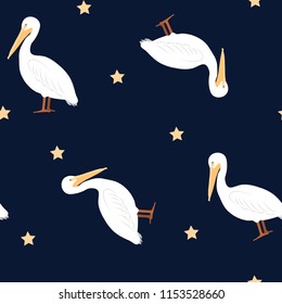 Seamless vector illustration with pelicans on a dark background. For decoration of textiles, packaging and web design.