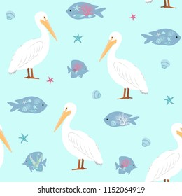 Seamless vector illustration with pelicans and stylized fish on a blue background. For decorating textiles, packaging and wallpaper.