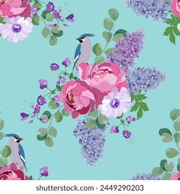 Seamless vector illustration with peonies, lilac and birds on a blue background. For decorating textiles and packaging.