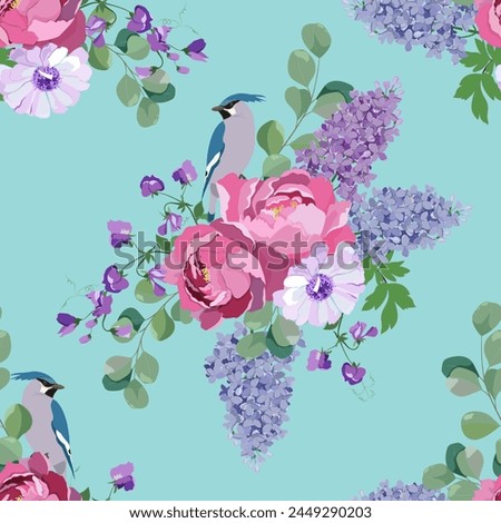 Seamless vector illustration with peonies, lilac and birds on a blue background. For decorating textiles and packaging.
