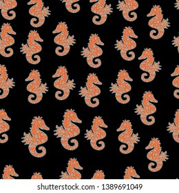 Seamless. Vector illustration. Perfect for surface textures, wallpapers, web page backgrounds, textile. Tigertail Seahorse cutout. Seahorse on orange, blue and black background.