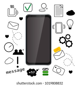 Seamless vector illustration with phone and collection of icons around. Communication. Cards, posters, stickers.
