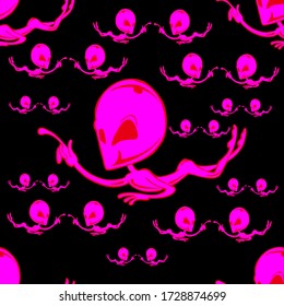 Seamless vector illustration of pink aliens on black background