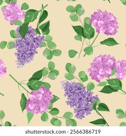 Seamless vector illustration with pink hydrangea and lilac on a beige background. For decorating textiles, packaging, paper.