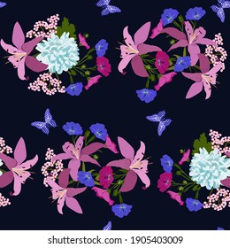 Seamless vector illustration with pink lilies, chrysanthemums and butterflies in a dark background. For textile decoration, packaging, web design.