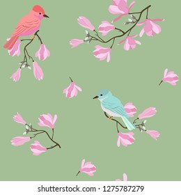 Seamless vector illustration with pink magnolia flowers and birds on a green background. For decorating textiles, packaging, wallpaper.