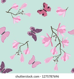 Seamless vector illustration with pink magnolia flowers and butterfly. For decorating textiles, packaging, wallpaper.