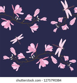 Seamless vector illustration with pink magnolia and dragonfly flowers on indigo background. For decorating textiles, packaging, wallpaper.