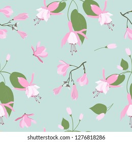 Seamless vector illustration with pink magnolia flowers and fuchsia on a turquoise background. For decorating textiles, packaging, wallpaper.