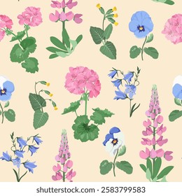 Seamless vector illustration with pink pelargonium, pansies and lupine. For decorating textiles, packaging, paper.