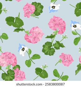 Seamless vector illustration with pink pelargonium and pansies on a blue background. For decorating textiles, packaging, paper.