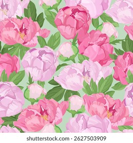 Ilustración vectorial sin fisuras con peonías rosas sobre un fondo verde. Para la decoración de textiles, embalaje