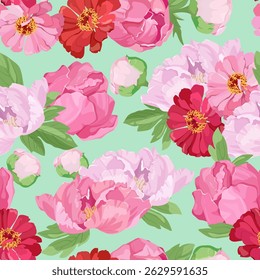 Ilustración vectorial sin fisuras con peonías rosadas y crisantemos sobre fondo turquesa. Para la decoración de textiles, embalaje