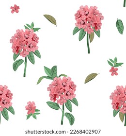 Seamless vector illustration with pink rhododendron on a white background. For decorating textiles, packaging, paper.