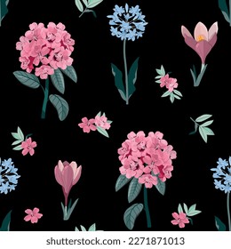 Seamless vector illustration with pink rhododendron and crocus on a black background. For decorating textiles, packaging, paper.