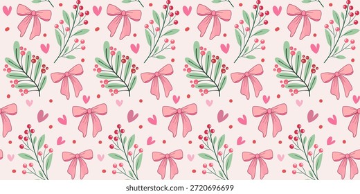 Nahtlose Vektorgrafik eines rosafarbenen Bandmusters mit Frühlingsblumen und grünen Blattelementen. Perfekt für Vintage Stoff Tapete Design, Valentinstag, und süße Hintergründe.