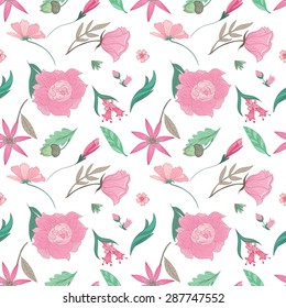 Seamless vector illustration with pink tender doodle floral elements for textile and wallpaper design