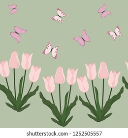 Seamless vector illustration with pink tulips and butterflies. For decorating textiles, packaging, web design.