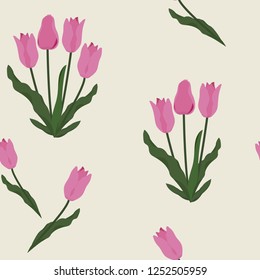 Seamless vector illustration with pink tulips. For decorating textiles, packaging, web design.