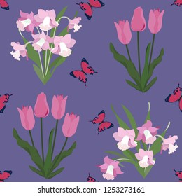 Seamless vector illustration with pink tulips, narcissus and butterfly. For decorating textiles, packaging, web design.