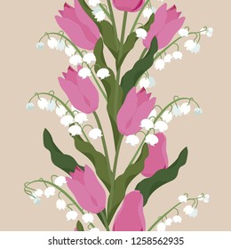 Seamless vector illustration with pink tulips and lily of the valley. For decorating textiles, packaging, web design. Vertical.
