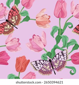 Ilustração de vetor sem costura com tulipas cor-de-rosa e flores e borboletas. Para decorar têxteis, embalagens, papel de parede.