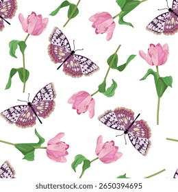 Ilustração de vetor sem costura com tulipas cor-de-rosa, flores e borboletas em um fundo branco. Para decorar têxteis, embalagens, papel de parede.