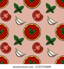 Ilustração de vetor sem costura de ingredientes de pizza, manjericão, fatias de tomate e alho em um fundo rosa