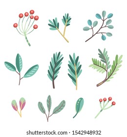 Seamless vector illustration of plants, leaves, berries, branches. Autumn floral design. For greeting cards, wrapping paper,  design, prints, stickers. Cute flat handdrawn style. 